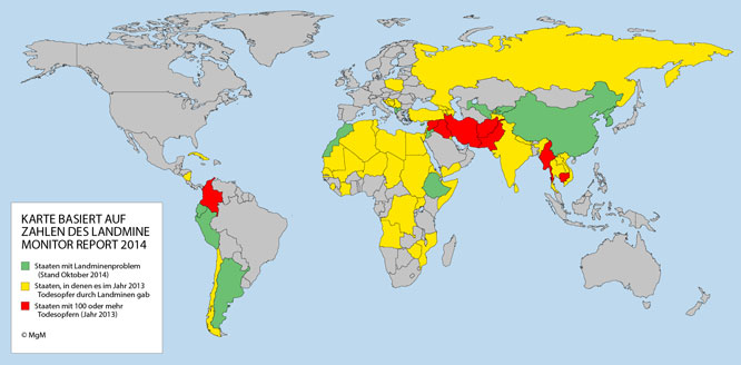 Weltkarte zum internationalen Landminenproblem